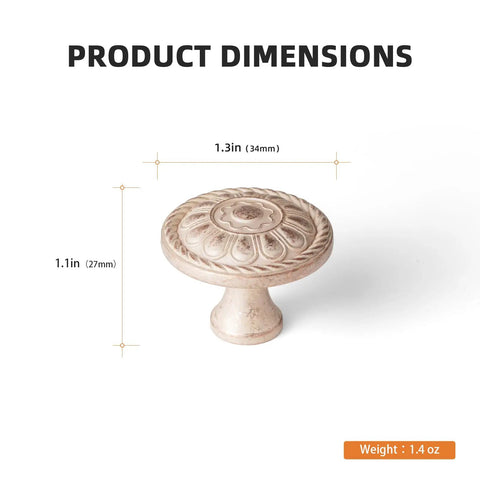 Heavy Duty Zinc Alloy Cabinet Knobs And Pulls Feel Dang Solid Antique Cream Copper Finish Single Hole Center Mount Furniture Hardware For Kitchen Cabinets And Bedroom Drawers Slick Top Shelf Set dimensions shown.