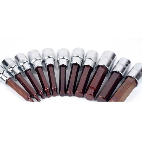 Professional Nine Piece Half Inch Drive Hex Socket Wrench Set Crafted From Mirror Polish Alloy Steel With Zinc Coated Finish, including sizes H4 to H17.