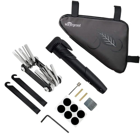 Road And Mountain Bike Tire Repair Kit With Waterproof Frame Bag 120 PSI Mini Pump 11 In 1 All In One Multi Tool Tire Levers And Patch Kit