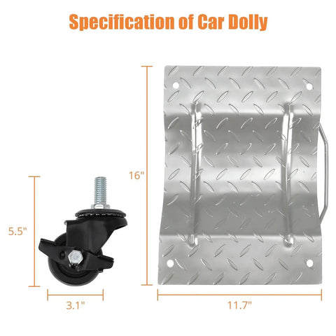 Specifications of Heavy Duty Car Dollies 4 Pack With 360 Degree Swivel Casters, steel frame, 16 inches long, 11.7 inches wide.