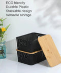 Top Tier Stackable Storage Bins With Bamboo Lids Set Of Six Heavy Duty Bpa Free Plastic Baskets designed for versatile storage.