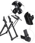 Foldable Wheel Truing Stand For 16 To 29 Inch Wheels, Space Saving Maintenance Holder, close-up detail of aluminum frame and adjustments.