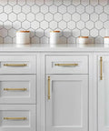 Ten Pack Six Inch Brushed Brass Cabinet Pulls featuring heavy duty solid metal construction on white kitchen cabinets.
