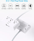 Flat Plug Power Strip Six Feet Ultra Thin Flat Extension Cord With Three Outlets And Three USB Ports Including Two USB C, angled view