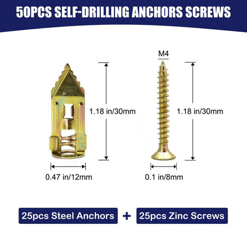50 Pcs Self-Drilling Drywall Anchors With Screws Kit Heavy Duty Zinc Plated Steel 0.47x1.18 Inch No Drill Or Holes Needed