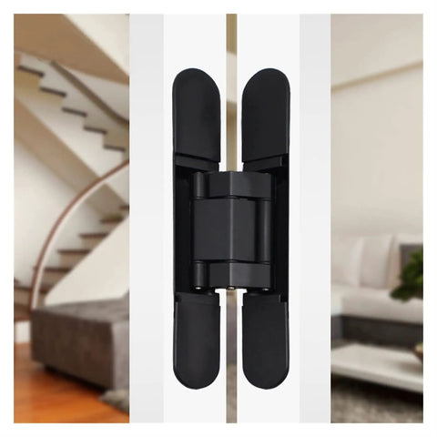 Badass Heavy Duty Hidden Hinge For Wood Doors And Cabinets Self Locking Adjustable Concealed Joint Gold Finish Supports Up To 176 Pounds Works Like A Charm Silent Movement close-up view of black concealed hinge mounted on cabinet.