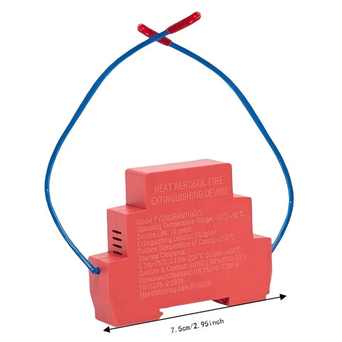 Rock Solid Automatic Aerosol Fire Extinguisher With Advanced Heat Sensor And Quick Flame Detector Tech No Sweat Emergency Flame Control Can, red heat detection device with blue wire, 7.5cm size.