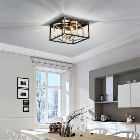 Modern Flush Mount Ceiling Light With E12 Base Three Lights Close To Ceiling Design Matte Black Exterior And Glossy Gold Inner Finish 12x12x7 Inches Sleek Dope Vibe For Living Room Hallway Or Entry