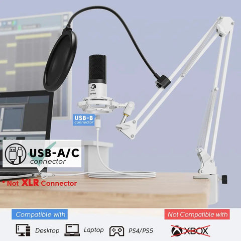 Next Level Usb Recording Microphone Kit For Vocals And Voice Overs Built Around A Massive 16Mm Diaphragm with shock mount on desk.