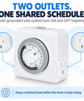 Sturdy Build 24 Hour Mechanical Outlet Timer With Dual Grounded Plugs Making Daily Scheduling Dead Simple And Keeping Indoor Lights And Fans Running Smoothly All Week showing timer face and dual outlets.