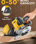 Top Tier 6 1 2 Inch Cordless Circular Saw With Brushless Motor And 8000 Rpm showing 0-50 degree bevel capacity for angled cuts.