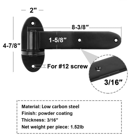 Heavy Duty T Strap Gate Hinges Four Pack Black Finish Lifting Barn Door Hardware dimensions with low carbon steel material.