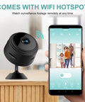 Mini Hidden Camera 1080P HD WiFi Security Cam For Baby And Pet Monitoring Nanny Cam shown next to phone app for remote viewing.