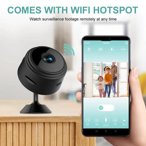 Mini Hidden Camera 1080P HD WiFi Security Cam For Baby And Pet Monitoring Nanny Cam shown next to phone app for remote viewing.