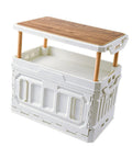Super Roomy Camping Tote, Foldable Stackable Storage Bin With Hardwood Lid And Scuff Proof Plastic Body, Huge 95 Liter Capacity For Trail Gear And Equipment, Rugged Trail Ready Build Creamy White, top view with wooden lid.