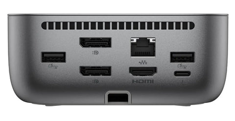 Rear view of Universal Thunderbolt Four Docking Station With Plug And Play Setup And One Hundred Watt Fast Charging For Any Laptop, showcasing ports.