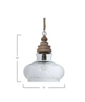 Clear Glass Shade Pendant Light With Distressed Cream Mango Wood Canopy, Rustic Yet Modern Ceiling Fixture, 14 Inch Round
