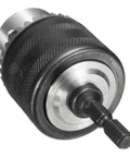 Game Changer 1 2 Inch Drill Chuck Adapter With Quick Swap Hex Drive And Wrench features smooth metal and durable rubber grip.