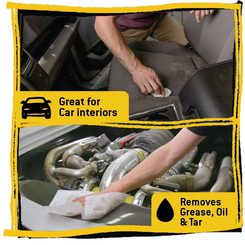 Front view of Tub O' Towels heavy-duty cleaning wipes canister; 10 x 12 in, multi-surface with yellow label for car interiors