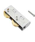 Four Pack Premium Stainless Steel Double Copper Wheel Pulleys For Smooth As Butter Screen Doors And Windows With Built Tough Bearing Rollers For Easy Furniture Track Replacement Fixes, showing detailed view of a pulley and screw.