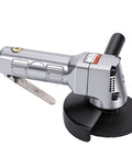 Heavy Duty Pneumatic Angle Grinder Four Inch Generating Kickass Eleven Thousand Rpm Torque For Seamless Metal Cutting Grinding And Polishing Across Tough Workshop Jobs, showing side view with adjustable lever and black disc.