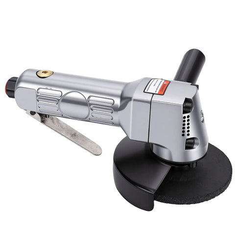 Heavy Duty Pneumatic Angle Grinder Four Inch Generating Kickass Eleven Thousand Rpm Torque For Seamless Metal Cutting Grinding And Polishing Across Tough Workshop Jobs, showing side view with adjustable lever and black disc.
