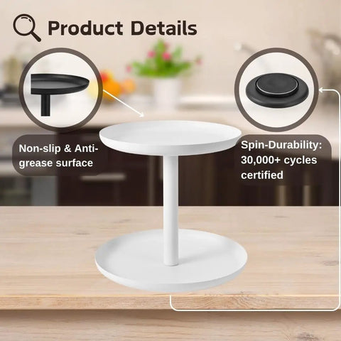2 Tier Rotating Lazy Susan Spice Rack Organizer for Kitchen Counter Smooth 360 Spin White Storage Rotator on a wooden surface.
