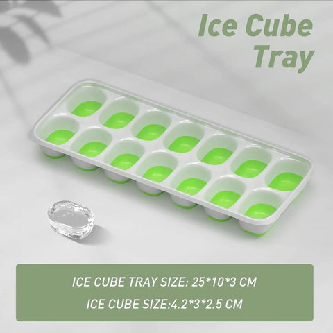 Top-Shelf Silicone Ice Cube Trays 4 Pack With Tight-Fitting Lids Easy-Peel Design, green molds filled with water for freezing.
