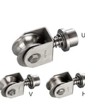 Gator Tough 304 Stainless Steel Universal Groove Wheel With Spring Shock Absorption for smooth gate rolling, shown in three angles.
