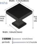 Twelve Pack Matte Black Square Cabinet Knobs Solid Zinc Alloy Drawer Pulls Heavy Duty Hardware Quick No Fuss Installation For Any Room Makeover Premium Grade, 1 inch high, 1.1 inch wide.