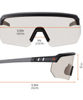 Impact Resistant Oversized Blade Safety Glasses Featuring Hella Reliable Anti Fog Lens Coating And Scratch Proof Build For Superior Job Site Eye Protection Plus ANSI Z87 Verification Rating, showing dimensions.