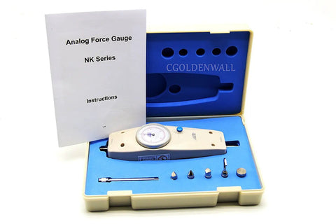 Hella Accurate Handheld Push Pull Force Gauge Tester With Peak Load Memory 500N 50kg Capacity in blue case with tools.