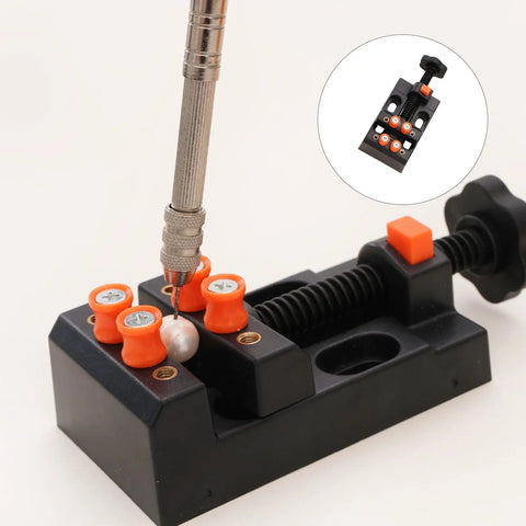 Tabletop Bead Drilling Vise Set With Four Point Rubber Tipped Posts Hand Pin Vise And Mounting Slots For Bead Drilling Jewelry Making Model Fixing And Small Parts Clamp Tool For Handy Go To Pro Grade Precision Handwork, black vise with orange rubber posts