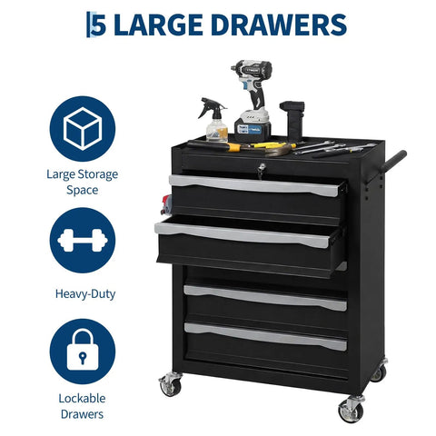 Heavy Duty Rolling Tool Chest With Locking Drawers And Ironclad Keyed Security, showcasing 5 large lockable drawers and tools.