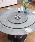 Heavy Duty Tempered Glass Lazy Susan Round Rotating Turntable Kitchen Serving Tray on marble countertop with bowls and decor.