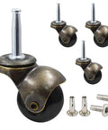 Antique Bronze Furniture Casters with No Sweat Rolling Action, Non Marking Ball Rollers Glide Silently on Carpet and Hardwood Floors, Quiet Swivel Casters Bring Retro Charm to Your Space Includes Adapter Sleeves, featuring black rolling wheels.