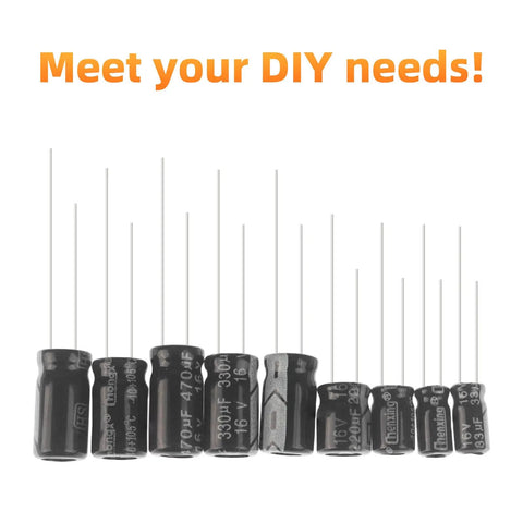 Knockout 120 Piece Electrolytic Capacitor Assortment Kit showing various sizes from 1uF to 470uF for DIY projects.
