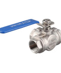 Top Shelf Three Way Stainless Steel Ball Valve With T Type Design For Plumbing And Gas Lines Built Tough As Nails To Deliver Corrosion Resistant Flow Without Any Drama, close-up view with blue handle.