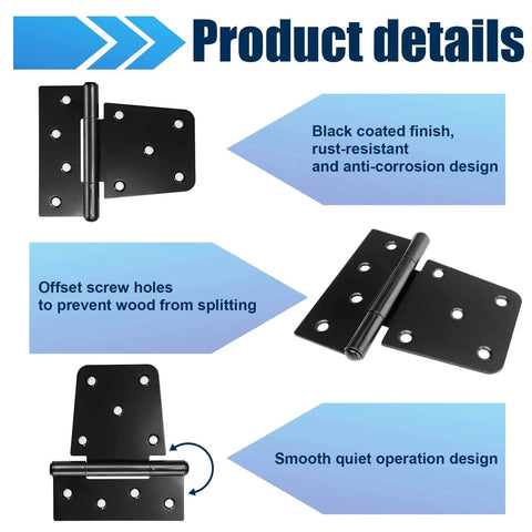 Heavy Duty Gate Hinges 6 Pack Black Iron 3.5 Inch Swing Door Hinges with anti-corrosion finish shown with product details