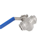 304 Stainless Steel Three Way Ball Valve One Half Inch Female Thread, blue handle, durable industrial fitting for pipelines.