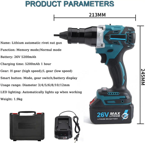 Heavy Duty Brushless Cordless Rivet Gun With Six Interchangeable Tips For Knocking Out Threaded Rivet Nuts And Metal Hardware featuring dimensions, battery specs, and smart button features.