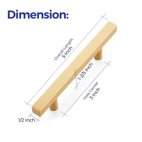 Premium Champagne Gold Square Cabinet Handles 5 Inch Drawer Pulls Five Pack Pro Grade Hardware with dimensions shown.