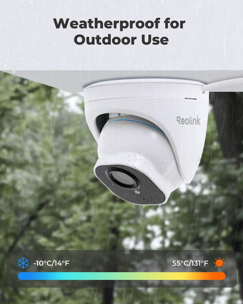 5MP PoE Security Cam Kit For Indoor And Outdoor Use With Person Vehicle Pet Detection, showing weatherproof camera installed outside