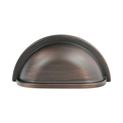 Set Of Ten Three Inch Center Cup Pull Handles With A Brushed Oil Rubbed Bronze Finish, showing elegant rounded design.