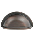 Set Of Ten Three Inch Center Cup Pull Handles With A Brushed Oil Rubbed Bronze Finish showing a detailed bronze handle front view.