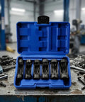 Premium Heavy Duty 12 Point Deep Groove Socket Wrench Set 6 Piece Black Alloy Steel Tool Kit in blue case showing sizes 16mm to 24mm.