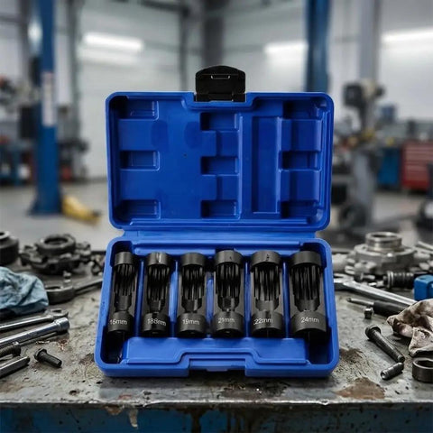Premium Heavy Duty 12 Point Deep Groove Socket Wrench Set 6 Piece Black Alloy Steel Tool Kit in blue case showing sizes 16mm to 24mm.