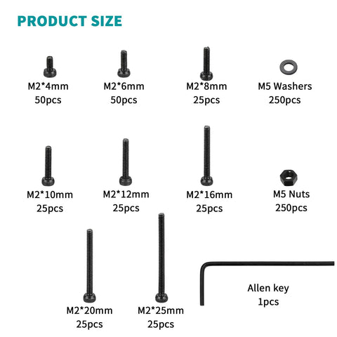 750 Piece M2 Metric Screw Assortment Kit Featuring Hex Socket Head Cap Bolts And Matching Nuts Crafted From Tough As Nails 12.9 Grade Carbon Steel With Included Washers For Weekend Warrior showing M2 screws and washers.