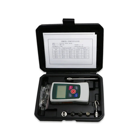 Badass Durable Digital Push Pull Force Gauge Dynamometer With High Resolution Display And Fast Sampling For Super Accurate Tension And Compression Tests Featuring Easy To Read Screen And Portable Design That Makes Heavy Lifting Measurements Feel Like A in its case with accessories and check certificate.