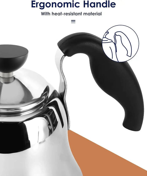 Gooseneck Pour Over Kettle With Flow Control For Stovetop Brew, Stainless Steel Teapot For Home And Kitchen, ergonomic handle view.